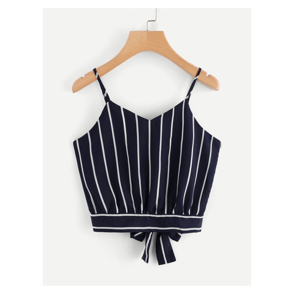 Blue White Striped Back Tie Cami Crop Top